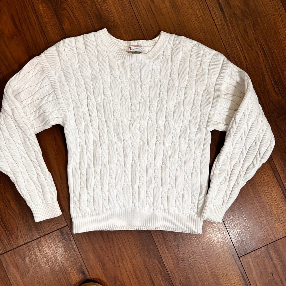 Talbots‎ Womens Ivory Cable Knit 100% Cotton Crewneck Sweater Size M Medium
